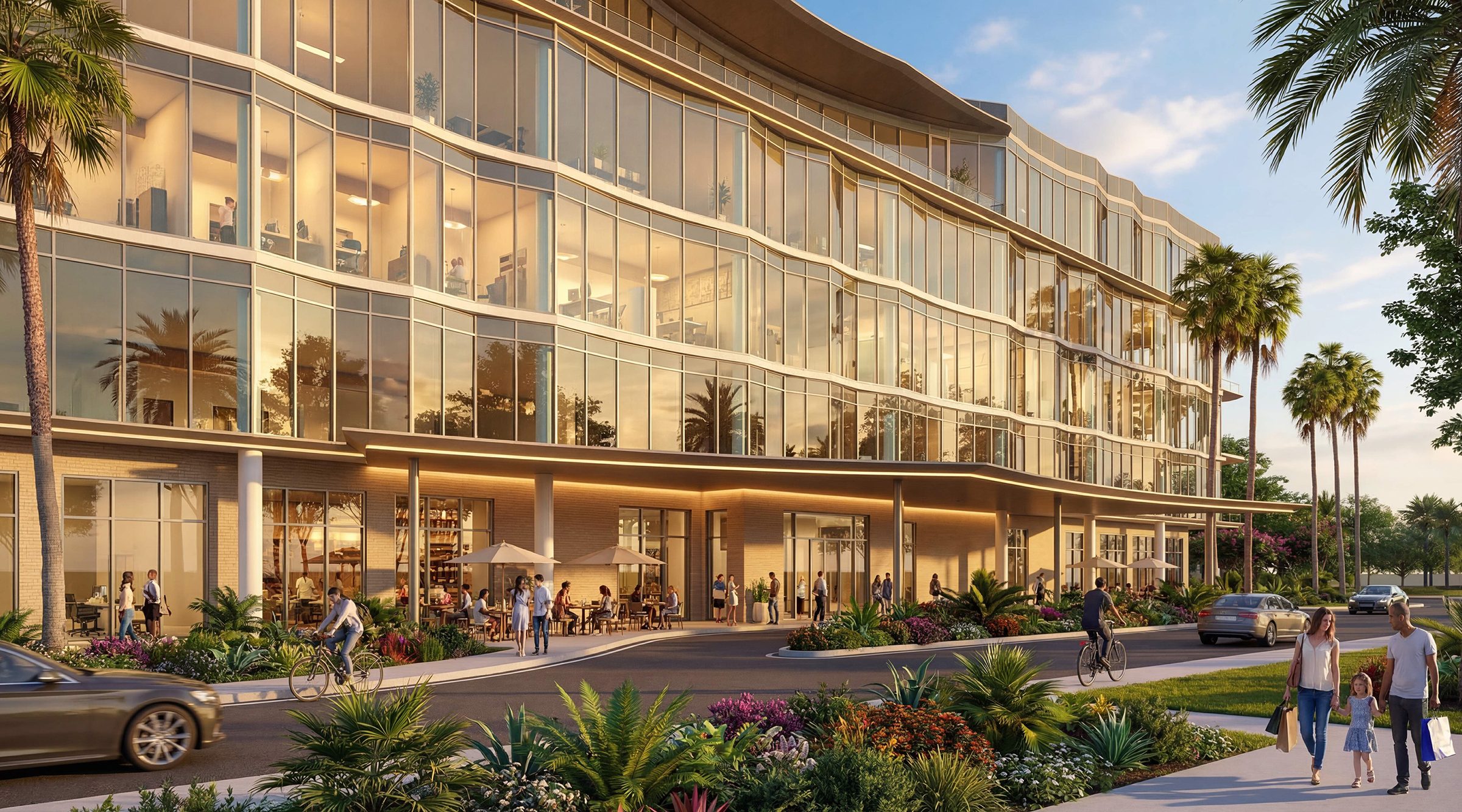 One Midtown street-level view with restaurant terrace